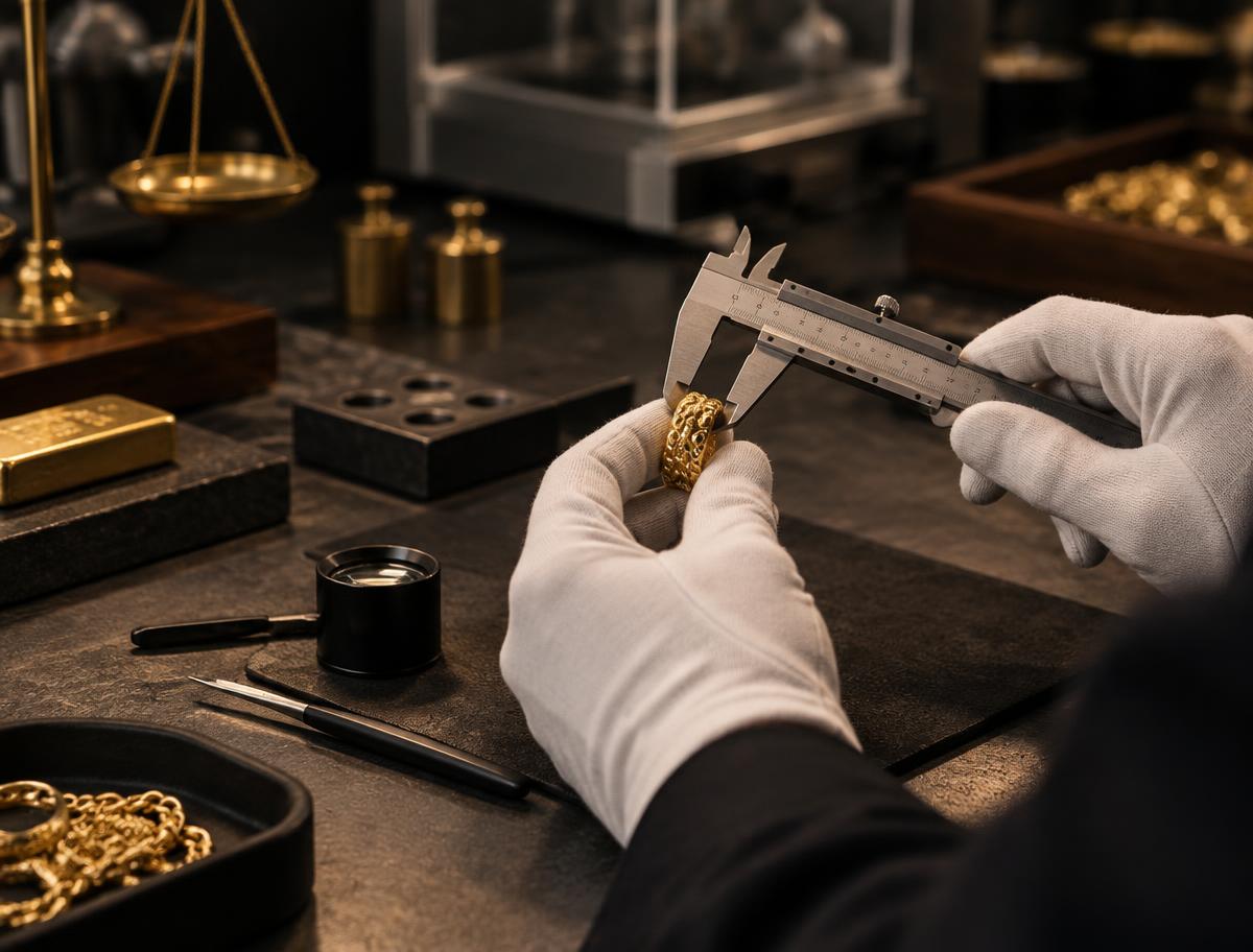 Professionelle Prüfung eines Goldstücks