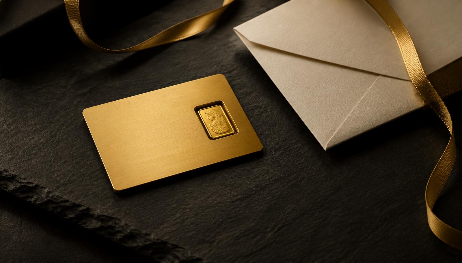 Goldkarte mit eingelassenem Goldbarren neben Geschenkumschlag und Goldband