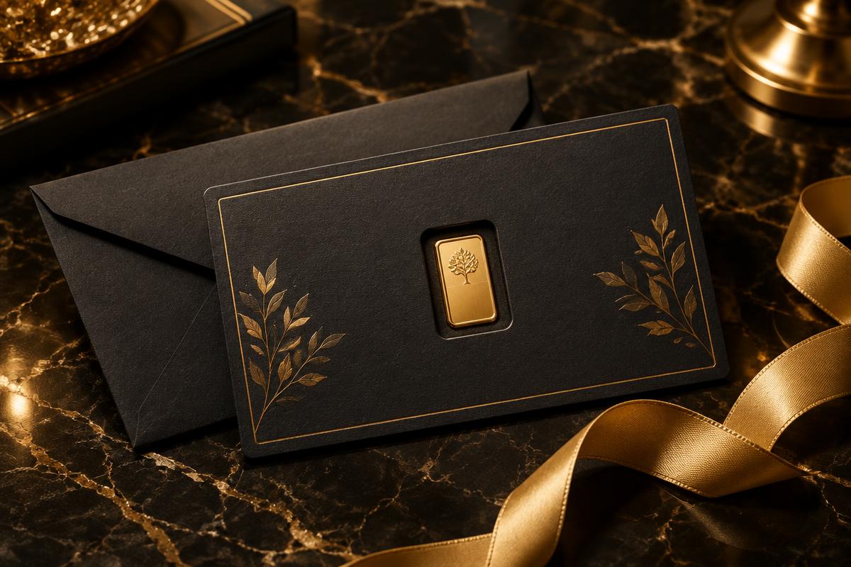 GoldCard mit eingelassenem Goldbarren, Umschlag und Goldband
