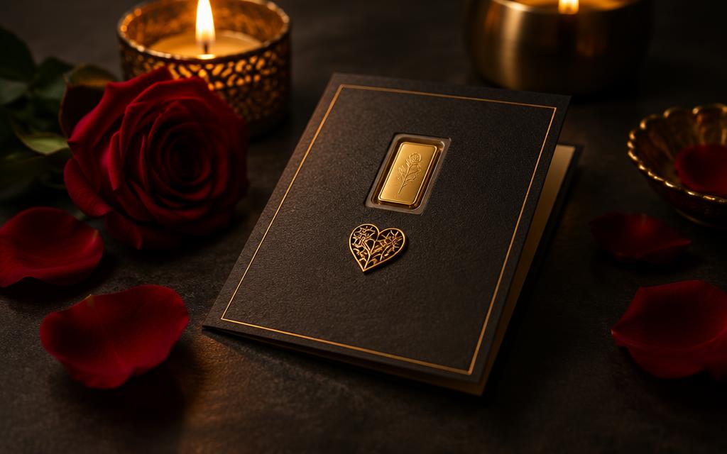 Karte mit Goldbarren, goldenem Herz und roten Rosen