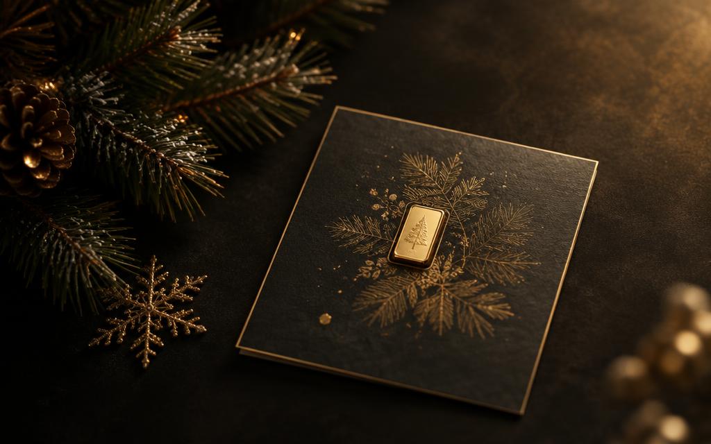 Winterliche Karte mit Goldbarren und Tannenzweig