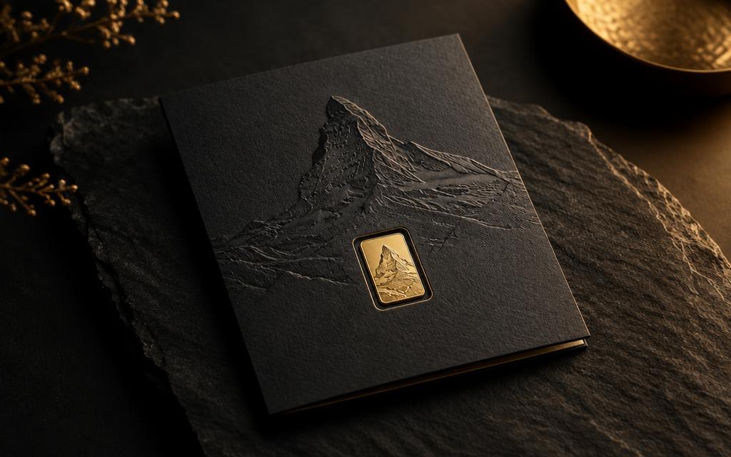 Karte mit Bergmotiv und eingelassenem Goldbarren