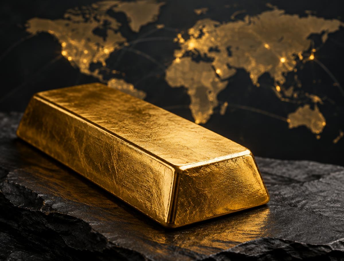 Großer Goldbarren vor einer Weltkarte